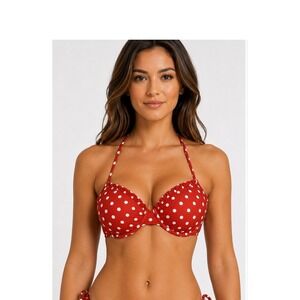 Shade & Shore Red Polka Dot Ruffle Push Up Bikini Top Underwire 34B Pinup Girl
